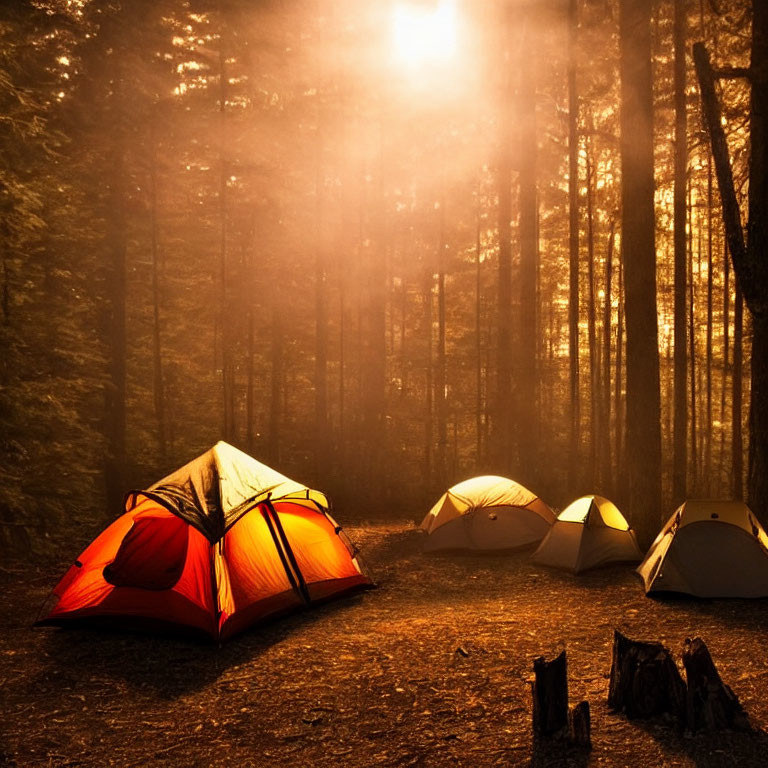 Sunlit forest campsite with tents on misty morning