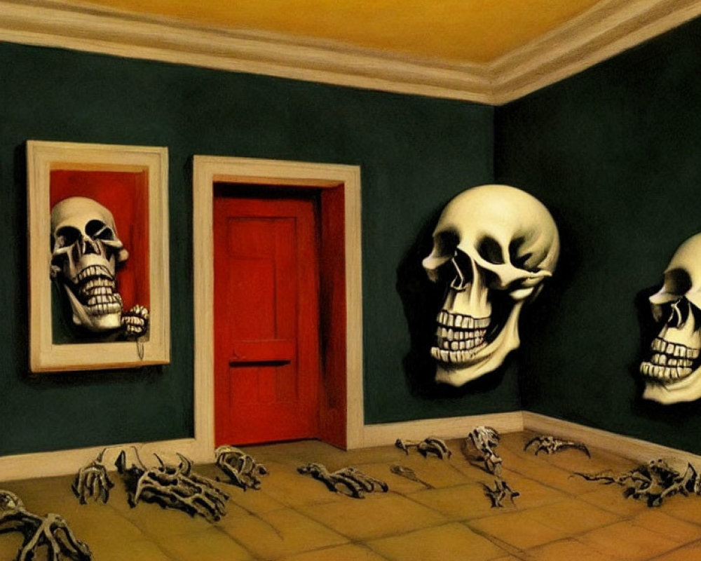 Surreal room with dark green walls, skull paintings, red door, and small skull-like figures