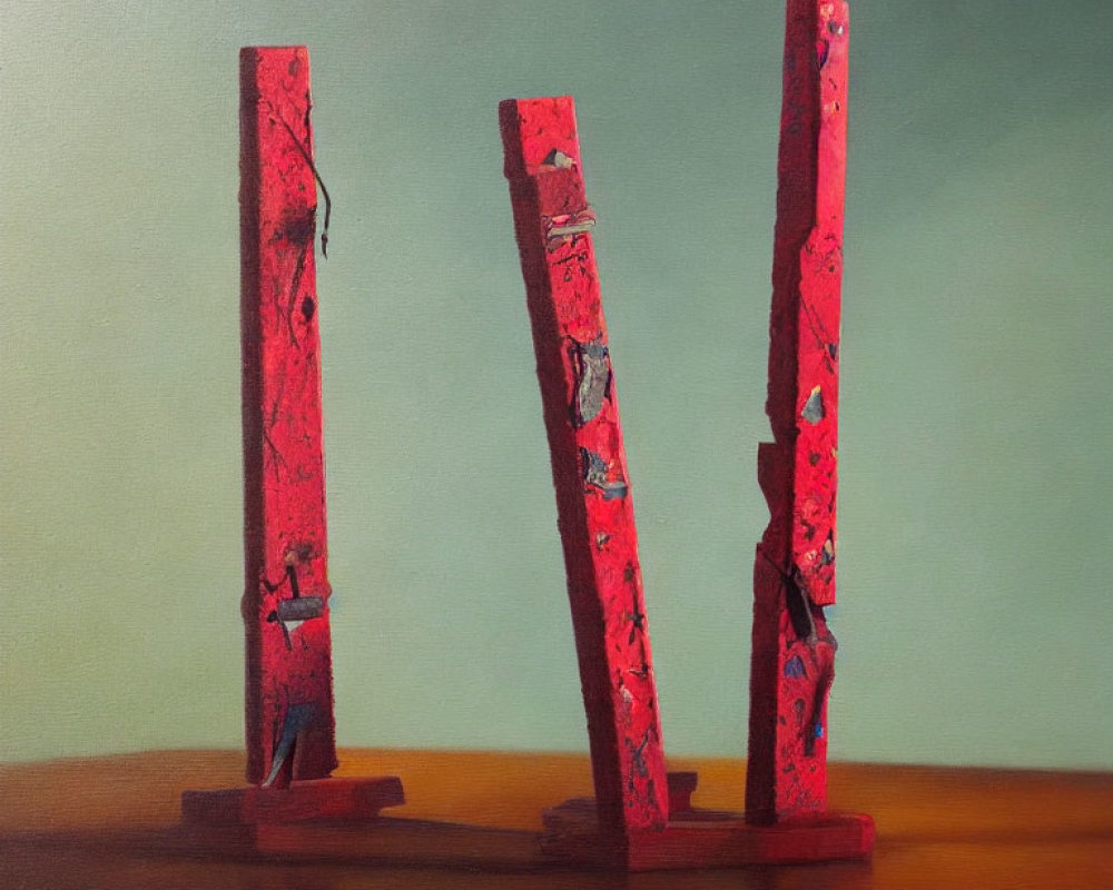 Three Red Weathered Rectangular Sculptures on Gradient Background