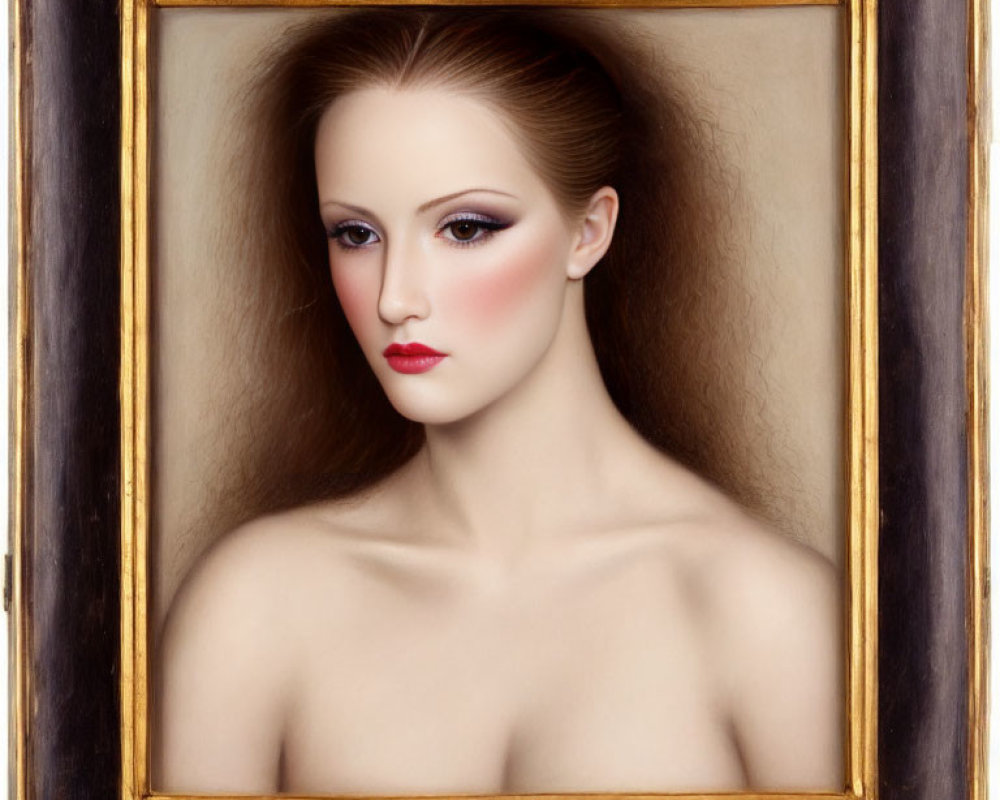 Portrait of Woman with Red Cheeks and Lips in Gold Frame