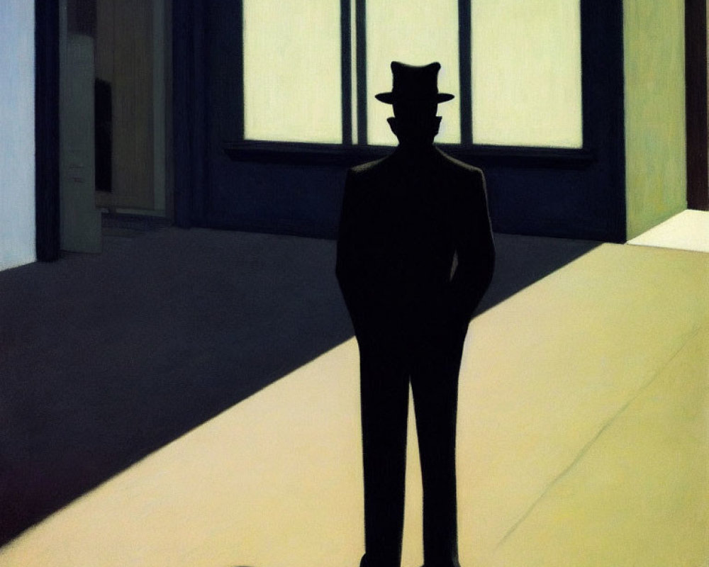 Silhouetted Figure in Hat Casting Long Shadow in Room