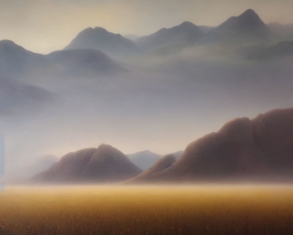 Tranquil landscape with hazy mountain silhouettes and glowing field