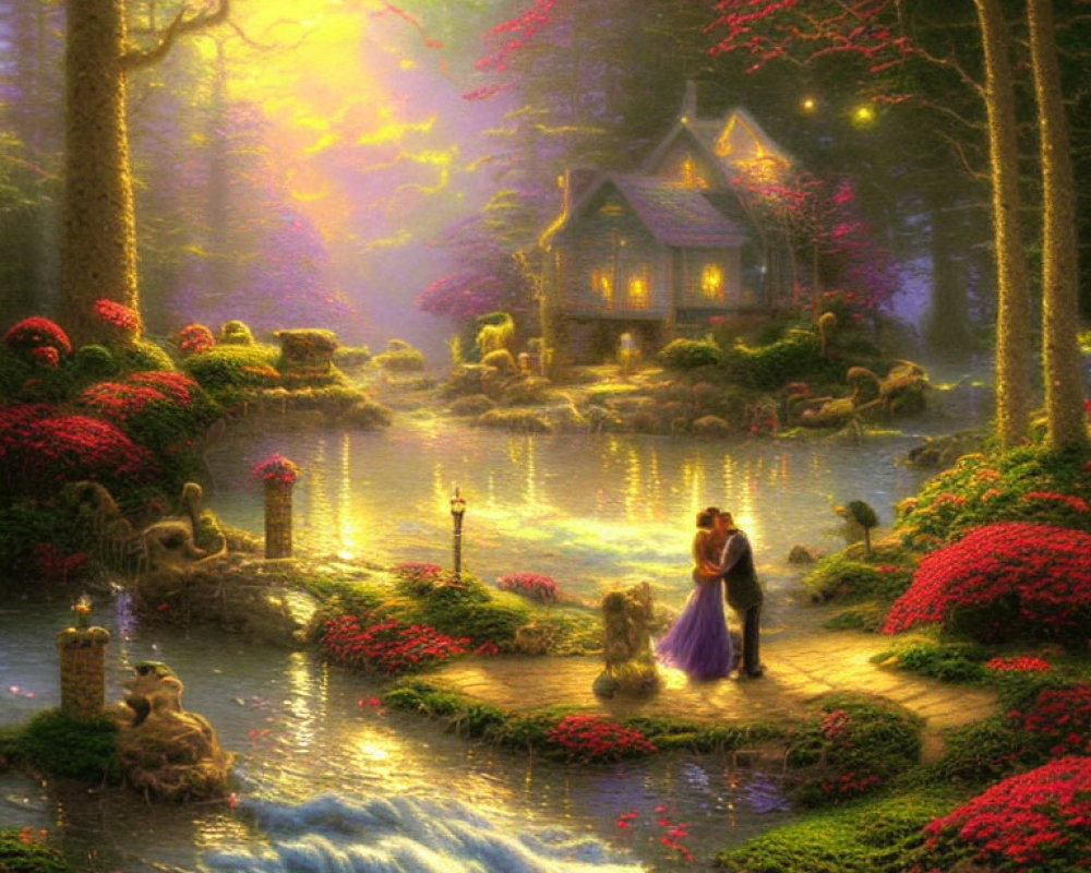 Couple on Bridge in Magical Forest with Cottage, Flowers, and Waterfall