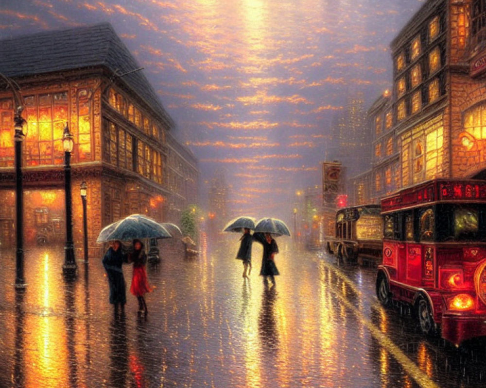 Twilight street scene with glowing lights, rain, umbrellas, and double-decker bus