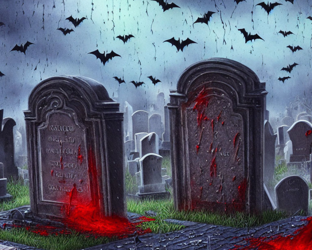 Eerie graveyard night scene with tombstones, bats, rain, and blood-like splatters