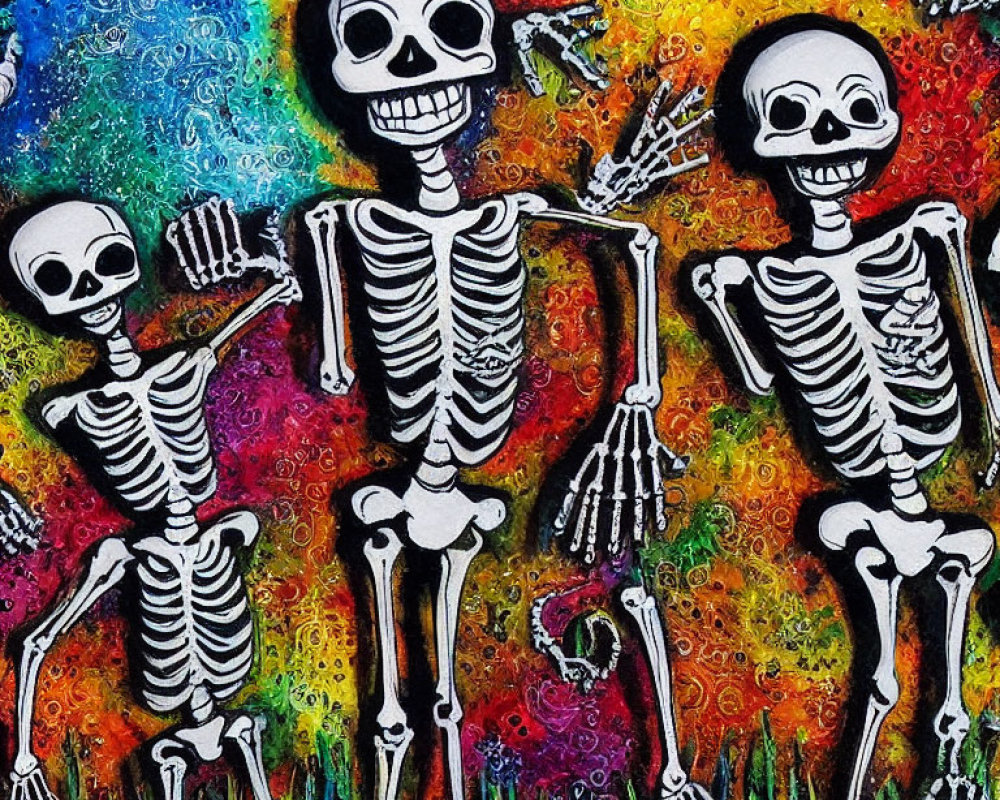 Colorful Cartoonish Skeletons on Swirled Floral Background
