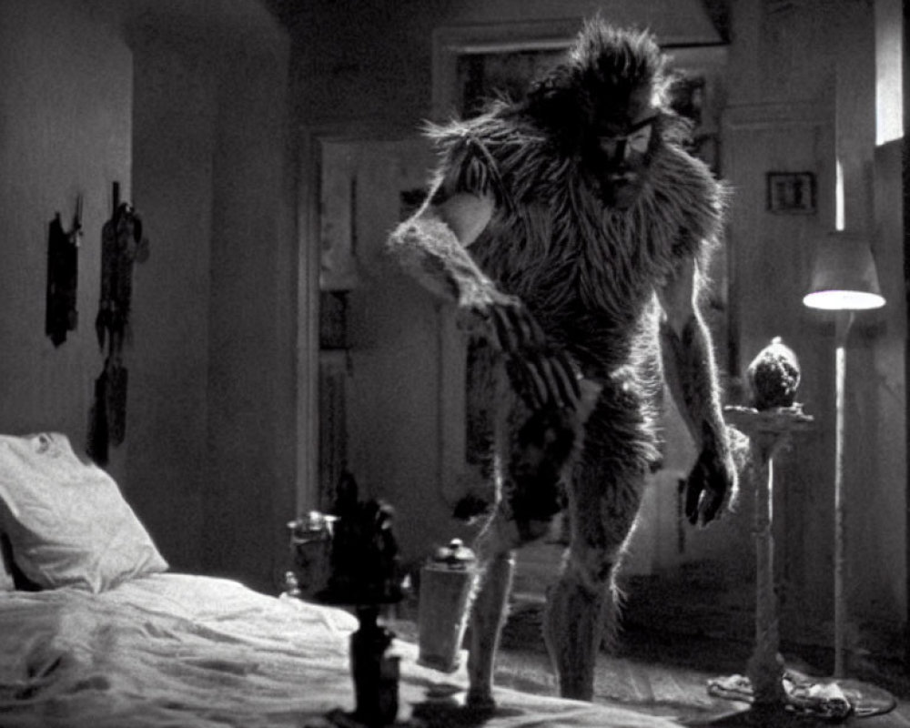 Monochrome werewolf in messy room with lamp and chess pieces