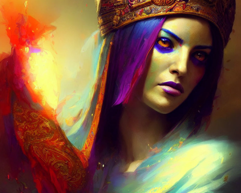 Colorful portrait of woman with multicolored hair and purple makeup wearing ornate headdress and robe