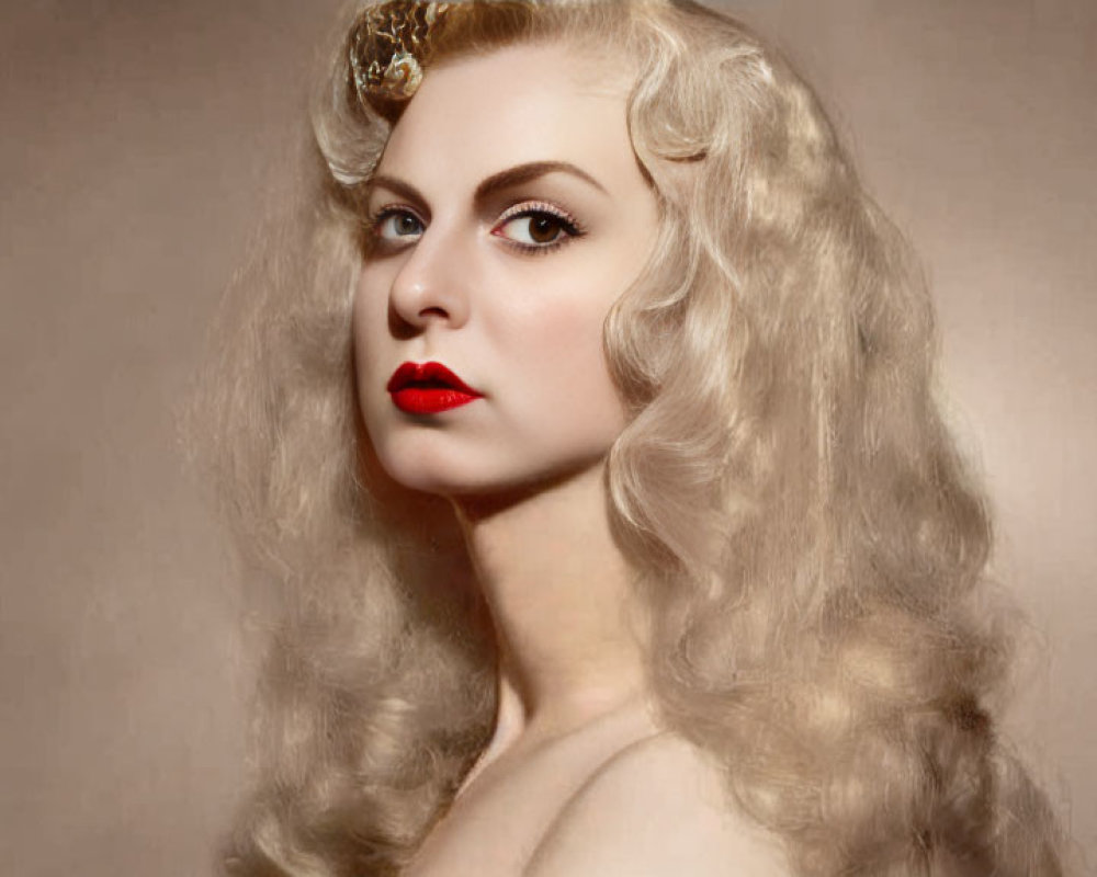 Vintage portrait of woman with wavy blonde hair and red lipstick on sepia background