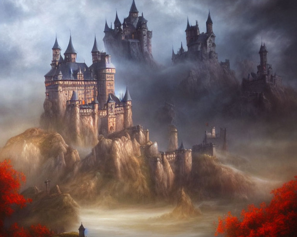 Fantasy castles in misty mountain landscape with red-leafed trees