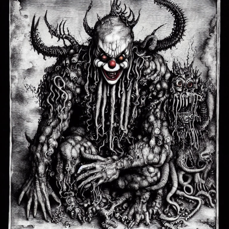 Sinister clown with demonic features and eerie creatures