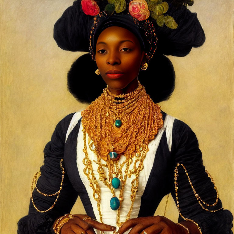 Portrait of woman with fruit and flower headpiece and gold necklaces on plain background