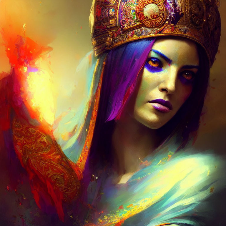 Colorful portrait of woman with multicolored hair and purple makeup wearing ornate headdress and robe