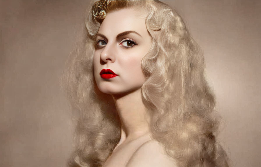 Vintage portrait of woman with wavy blonde hair and red lipstick on sepia background