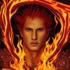 Intense expression person surrounded by vibrant flames and fiery crown.