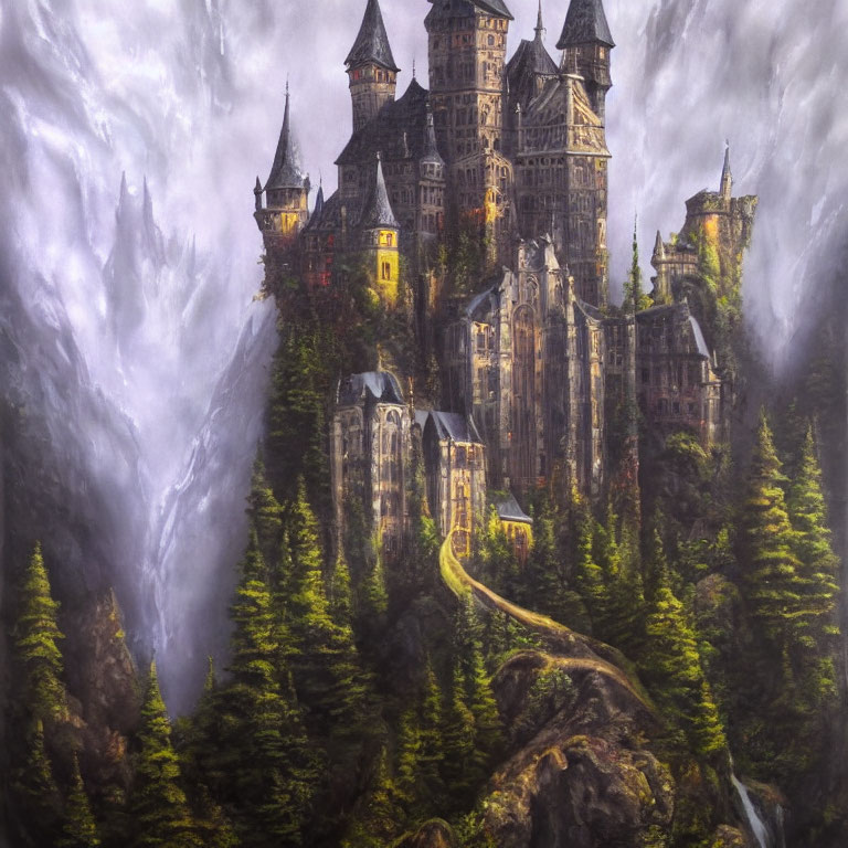 Majestic castle on rugged cliffs in misty forest landscape