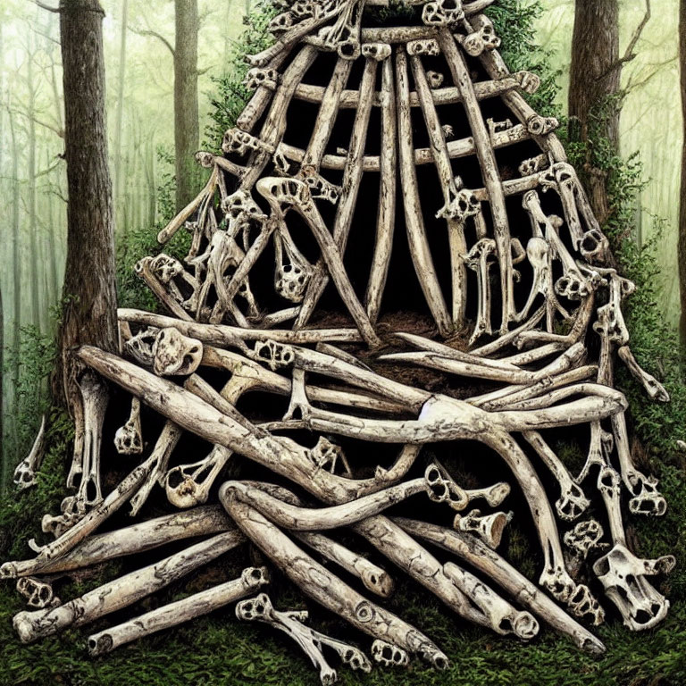 Forest scene with bone hut and scattered bones.
