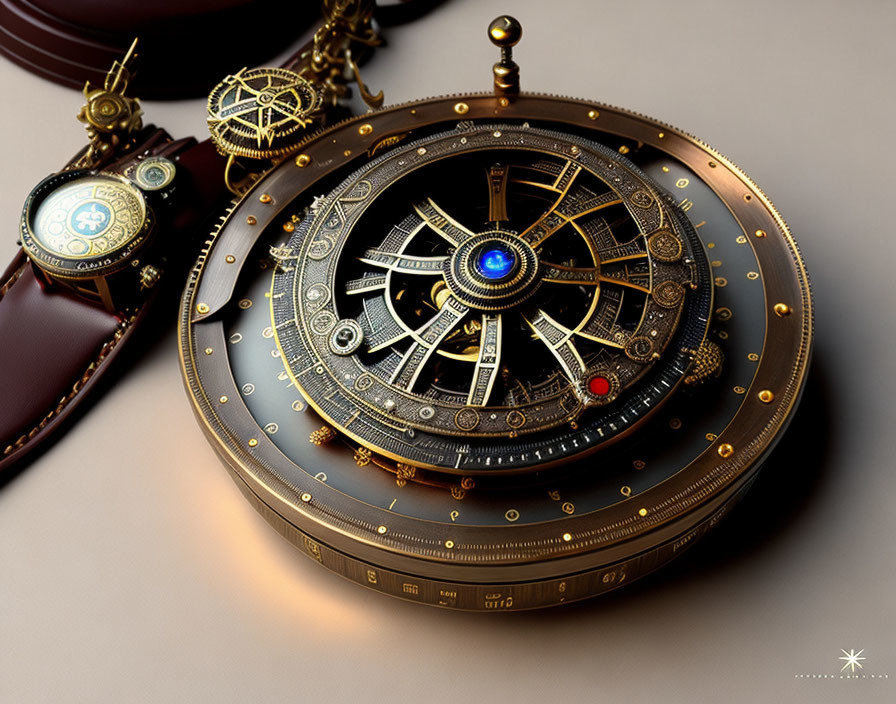 Intricate Astrolabe with Celestial Motifs and Gold Accents