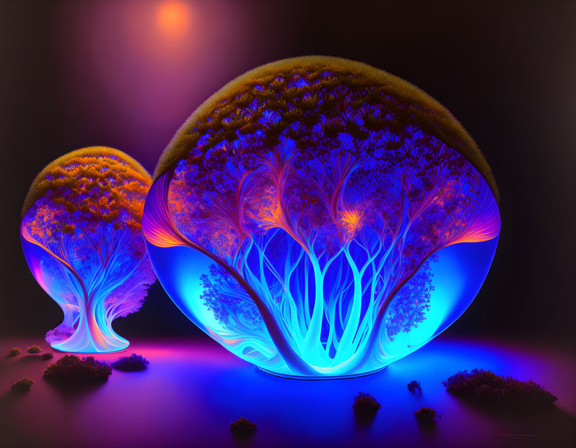 Digital artwork of luminous tree structures in domes with red orb backdrop