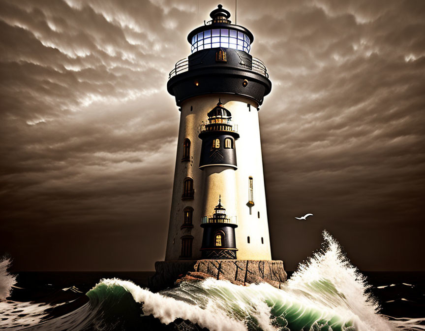 Dramatic lighthouse scene on rugged coastline with glowing windows and stormy sky