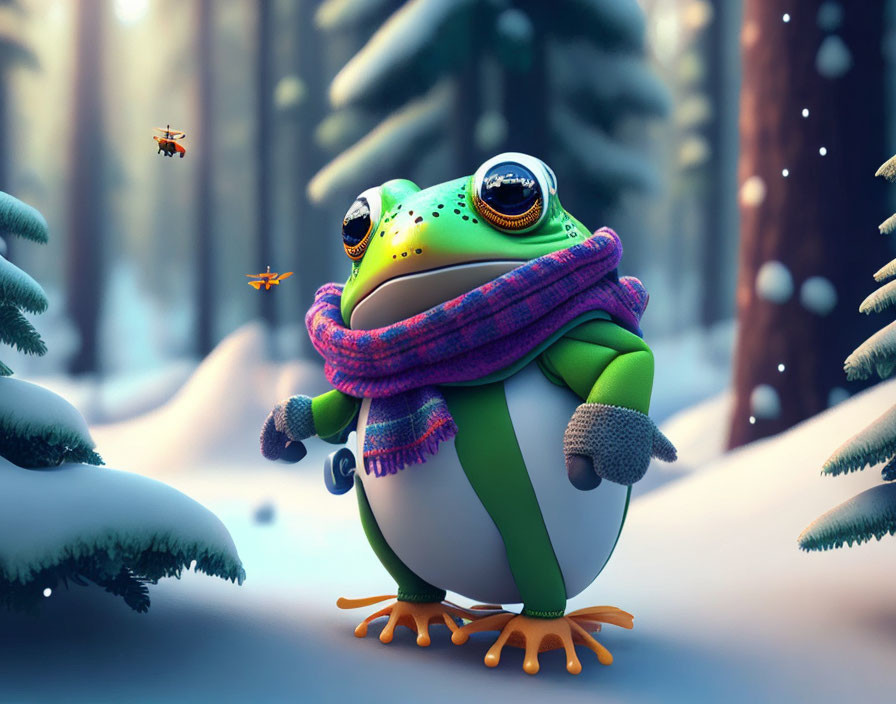 Colorful Frog with Scarf Observing Creatures in Snowy Forest