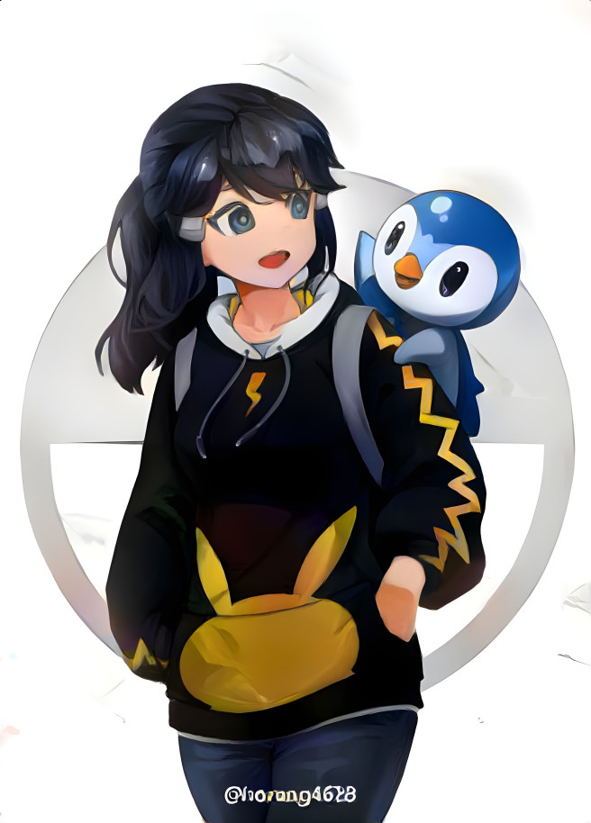 Blk Haired Dawn in Pikachu Hoodie with Piplup