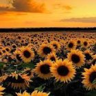 Sunflower field at sunset with golden sky and clouds