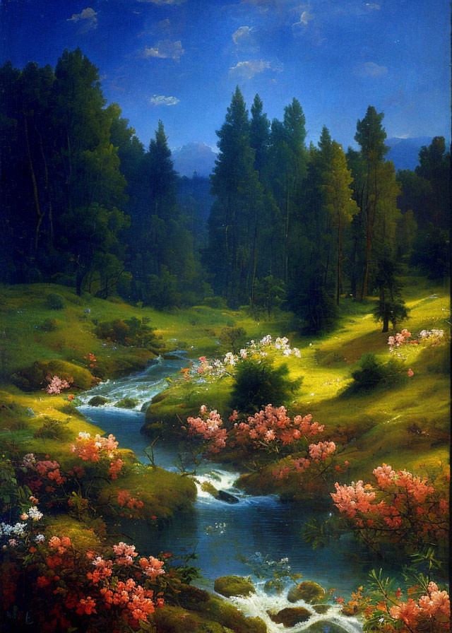 Tranquil landscape painting of stream, flora, and forest