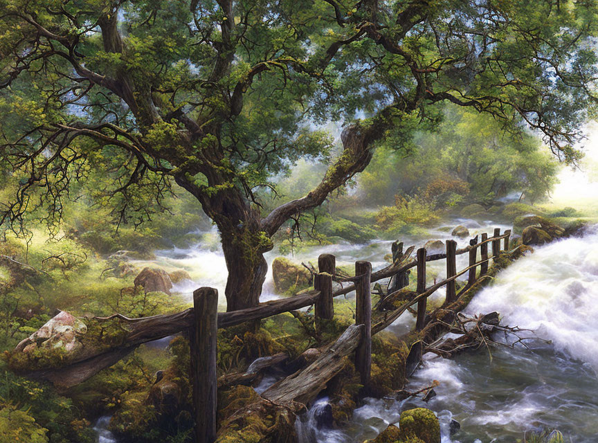 Tranquil landscape with rushing stream, old fence, lush greenery, and sprawling tree