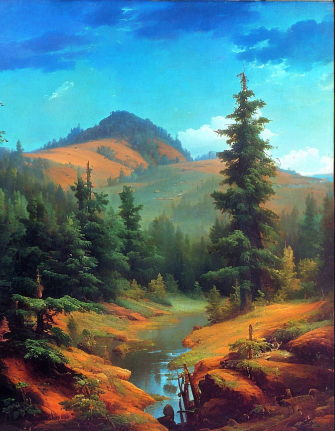 Tranquil landscape with lush forest, river, and mountain under blue sky