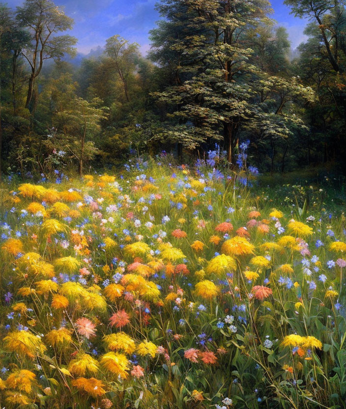 Lush green trees and wildflowers in a vibrant meadow