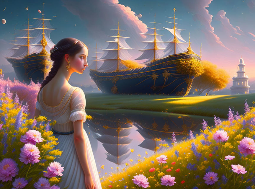 Woman in white dress admires golden ships on tranquil lake at twilight