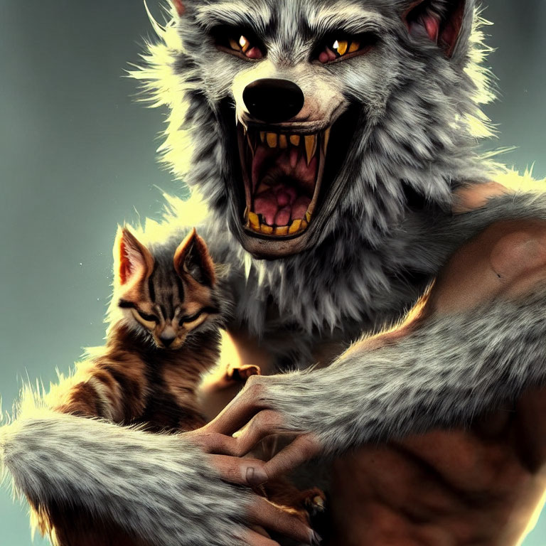 Werewolf holding a small kitten with glowing yellow eyes