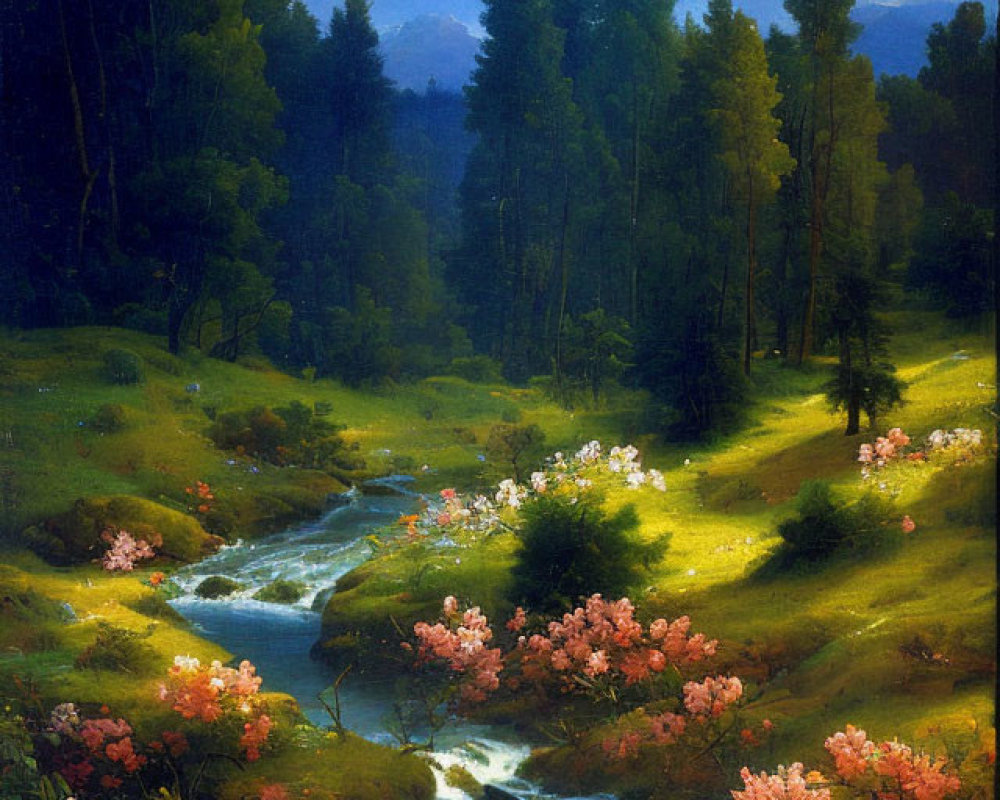 Tranquil landscape painting of stream, flora, and forest