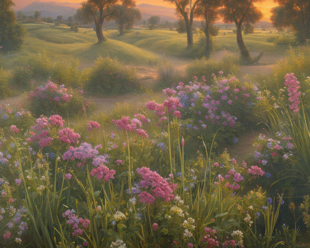 Tranquil sunrise landscape with wildflowers, hills, and trees in golden light