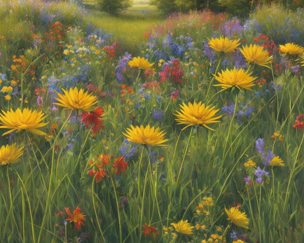 Vibrant Yellow Daisies and Wildflowers in Colorful Meadow
