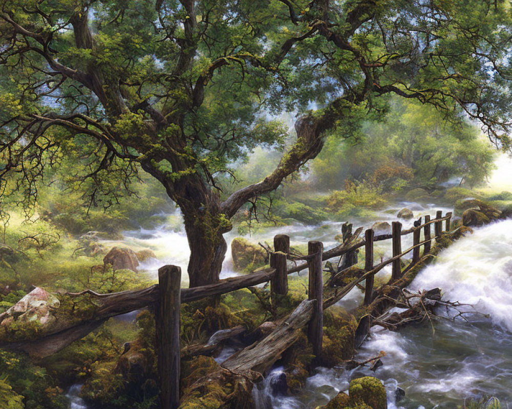 Tranquil landscape with rushing stream, old fence, lush greenery, and sprawling tree