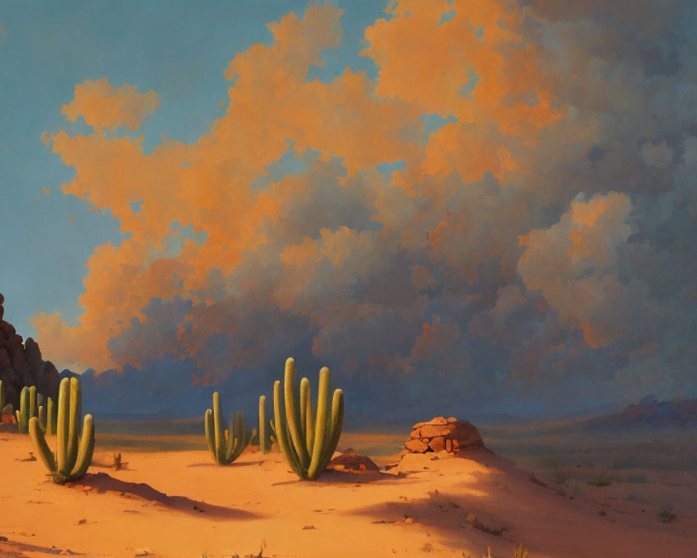 Sunset desert landscape with cacti, sand, rocks, and fluffy clouds