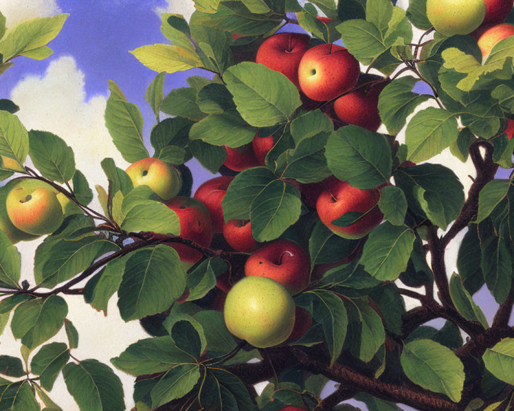 Realistic painting of ripe red and green apples on apple tree branches against blue sky