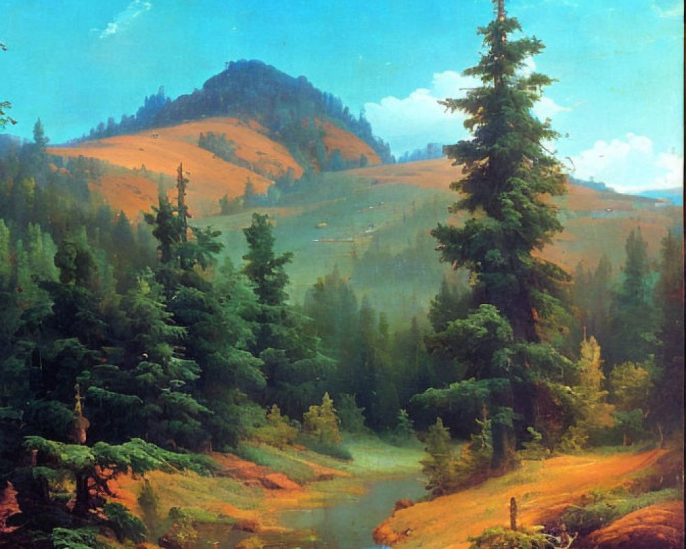 Tranquil landscape with lush forest, river, and mountain under blue sky
