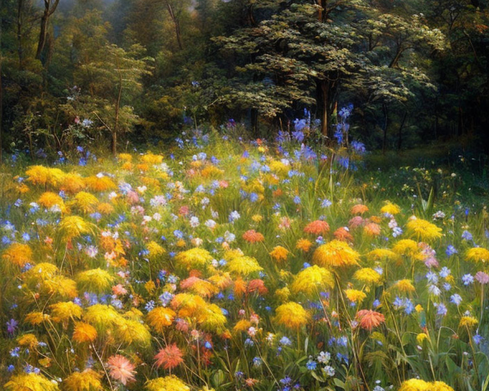 Lush green trees and wildflowers in a vibrant meadow