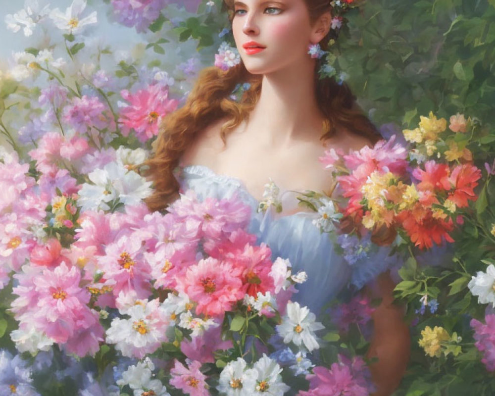 Woman in Blue Dress Surrounded by Vibrant Garden Flowers