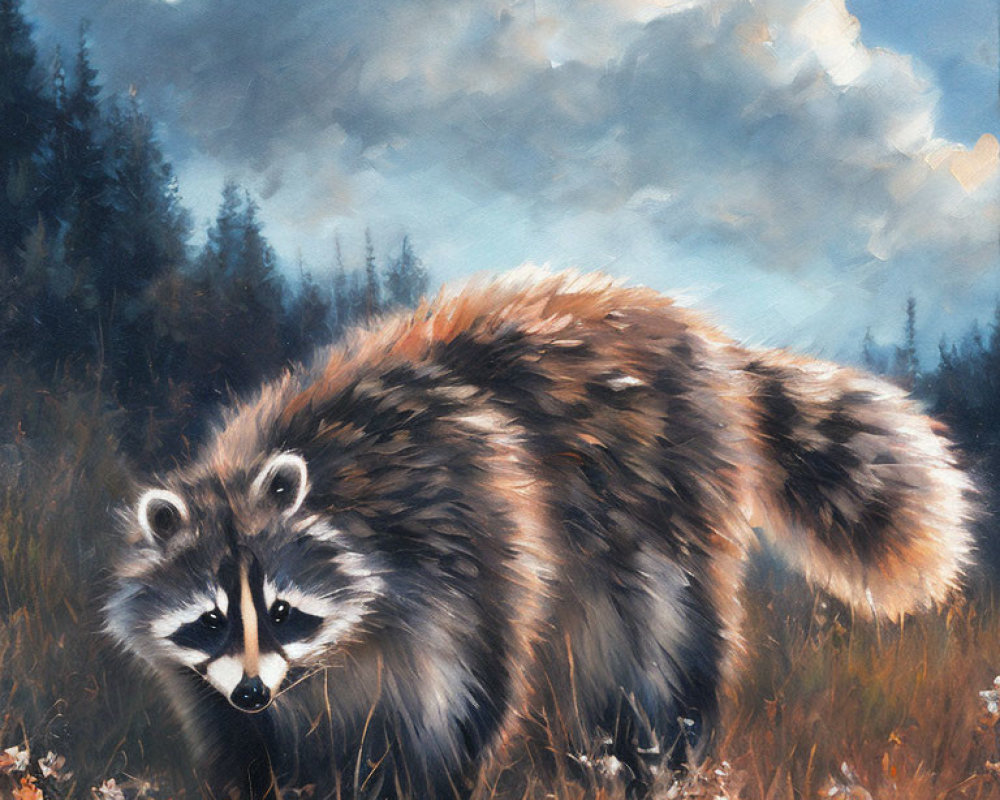 Fluffy raccoon in grassy field with white flowers and darkening skies