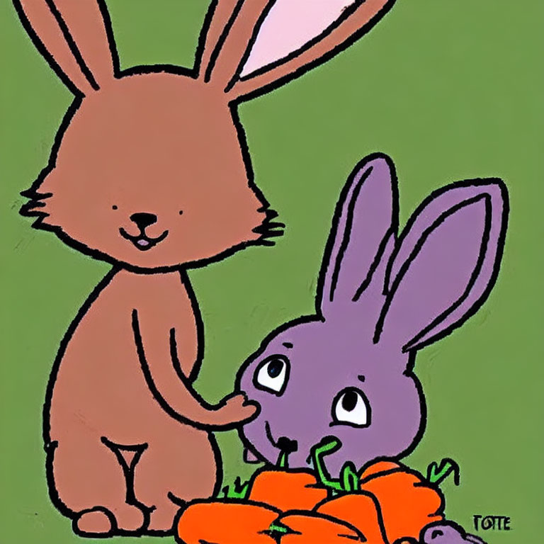 Brown and purple animated bunnies with carrots on green background