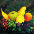 Ripe fruit still life painting with dark foliage