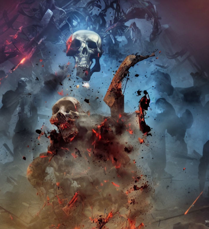 Skulls among debris in eerie blue and red backdrop