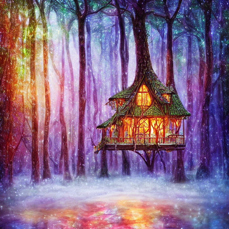 Whimsical cottage in vibrant enchanted forest