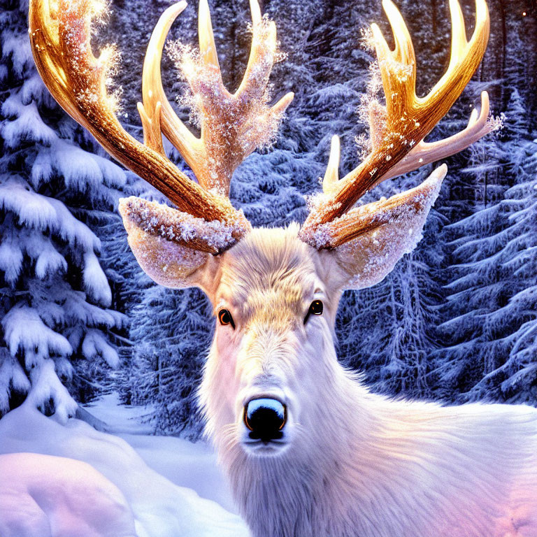 White stag with glowing antlers in snowy forest