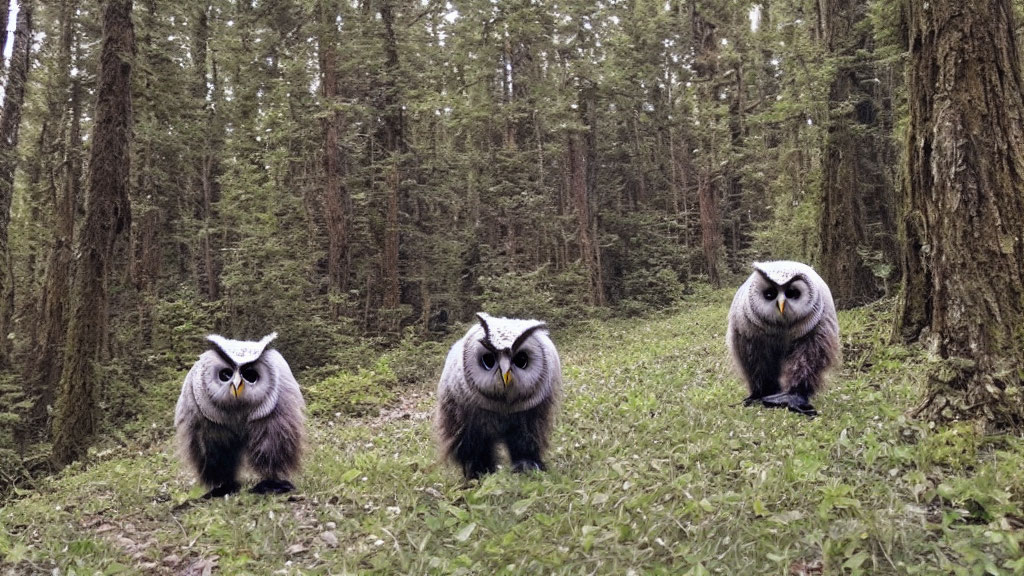 Three owl-faced creatures in forest clearing with pine trees.