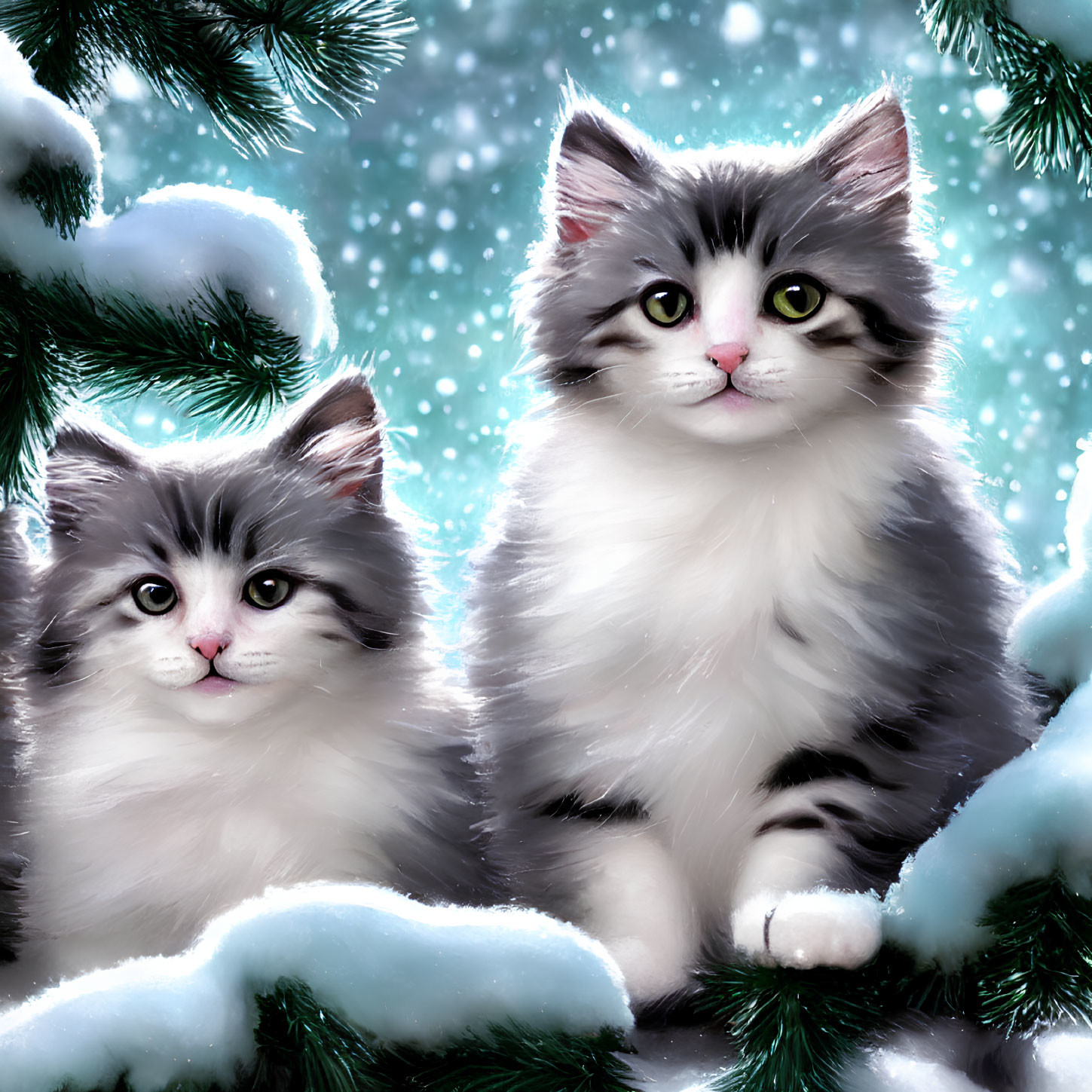 Fluffy cats with green eyes under pine branches in snowfall